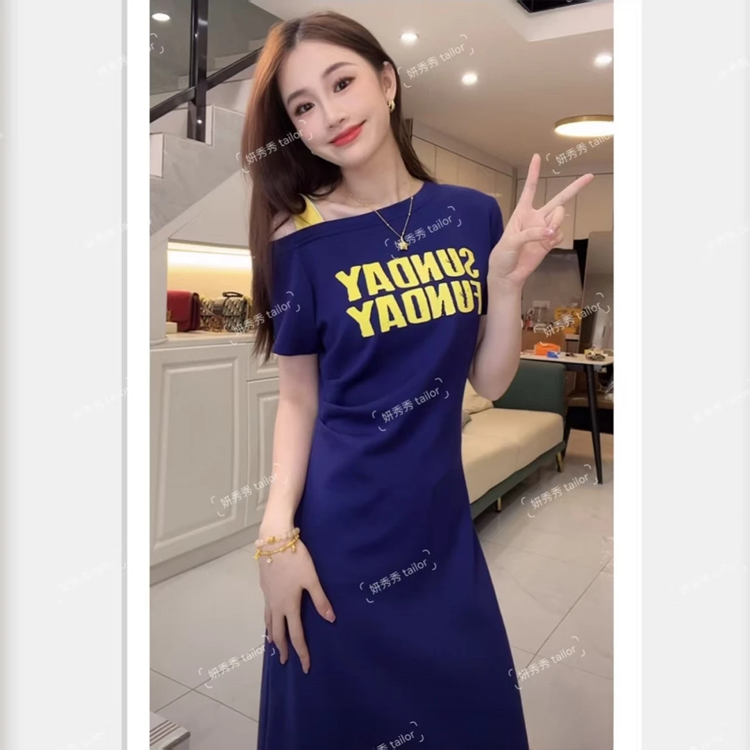 套头拼接气质短袖女装休闲印花字母夏季连衣裙显瘦