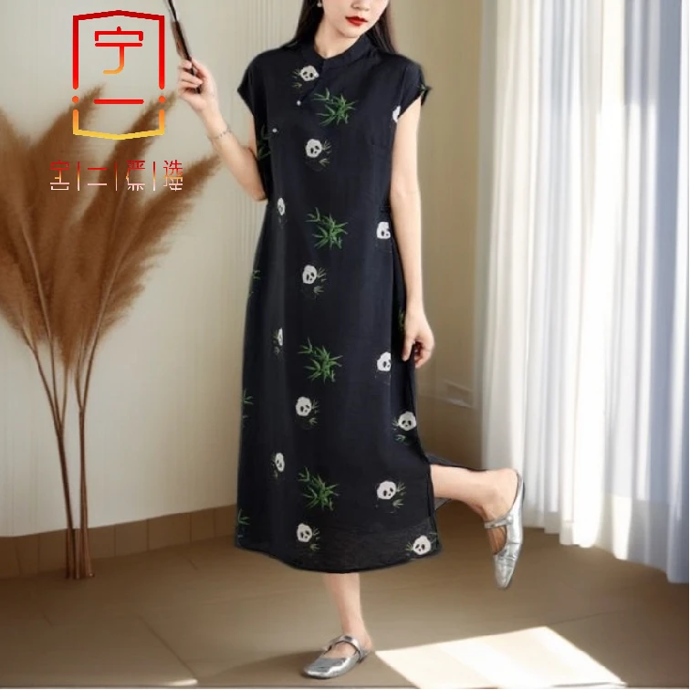 【宁一女装】时尚洋气显瘦中国风裙子女夏季棉麻别致新中式改良气质