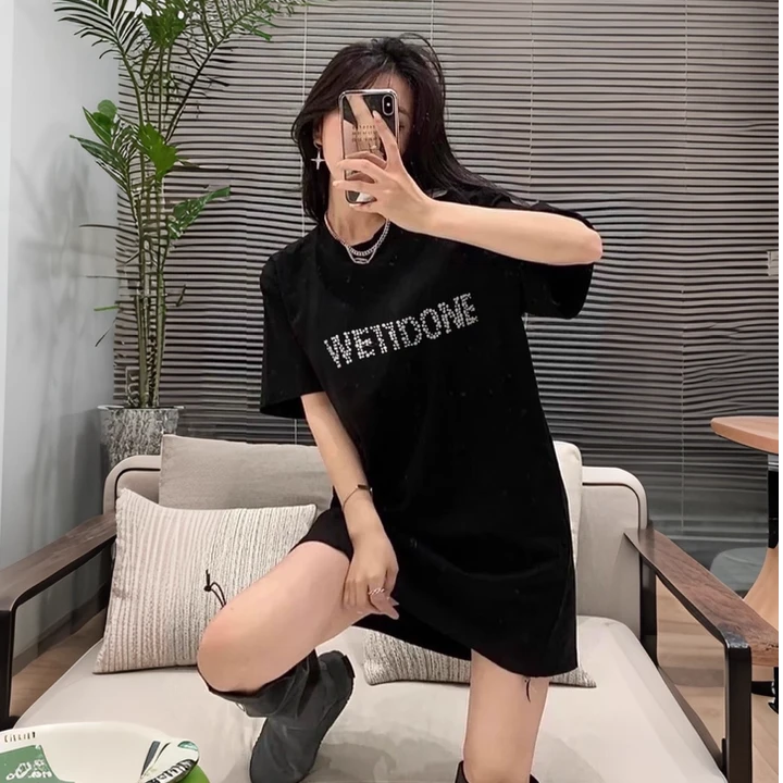 常规长款字母短袖ins夏季T恤烫钻落肩袖时尚polo情侣 888472