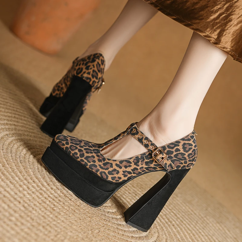 T台模特走秀豹纹高跟鞋女不累脚真皮厚底防水台性感气质粗跟单鞋