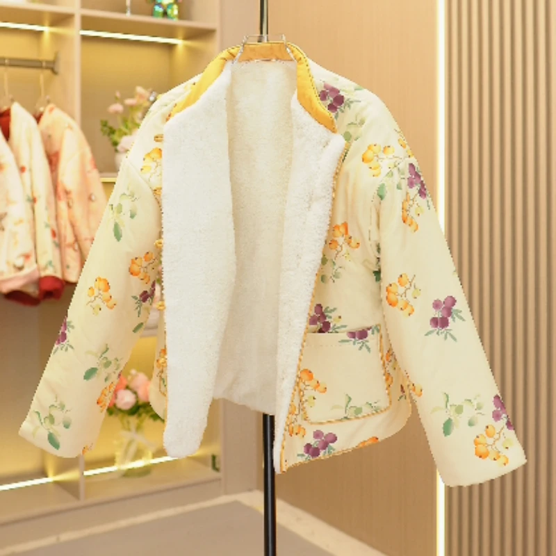 2025冬加绒加厚棉服棉衣提花夹棉保暖女新中式国风双两面双穿外套
