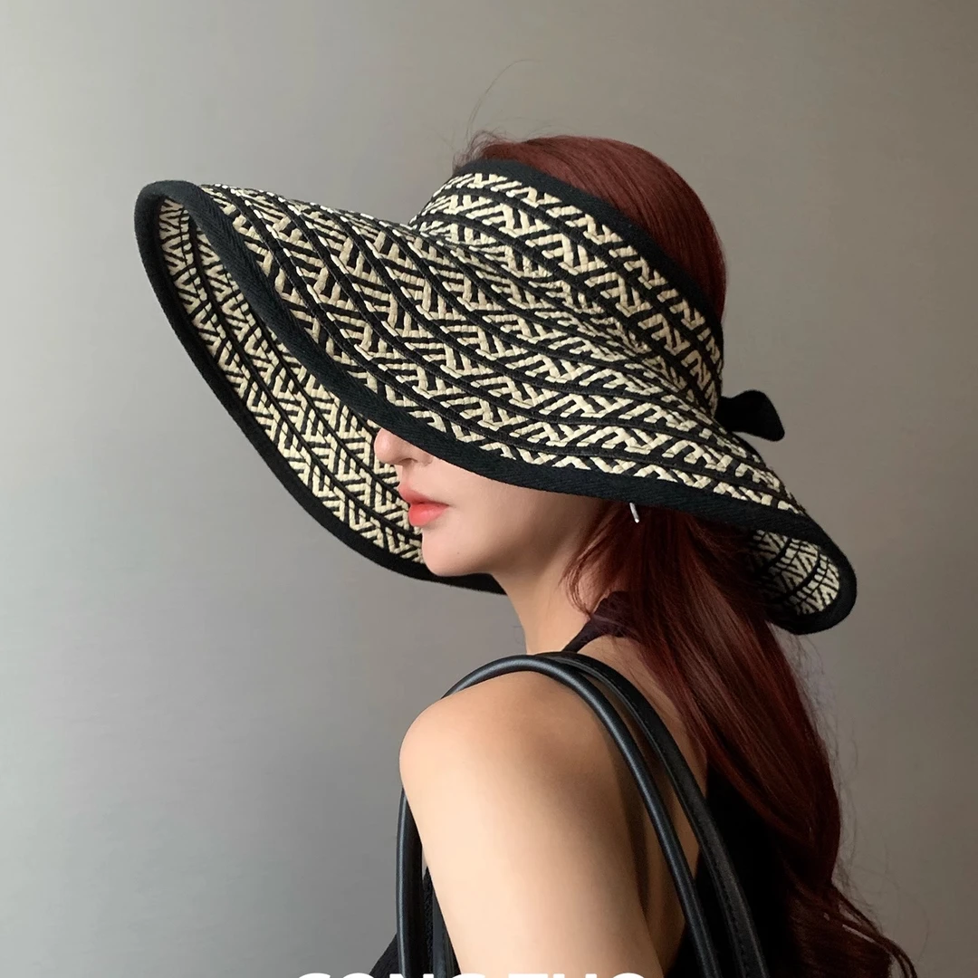 韩系大檐可折叠草帽子女款2025新款夏季遮阳帽防晒防紫外线空顶帽