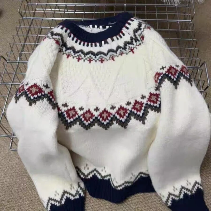 费尔岛撞色毛衣女2025秋冬季新款韩系百搭复古慵懒风保暖针织上衣