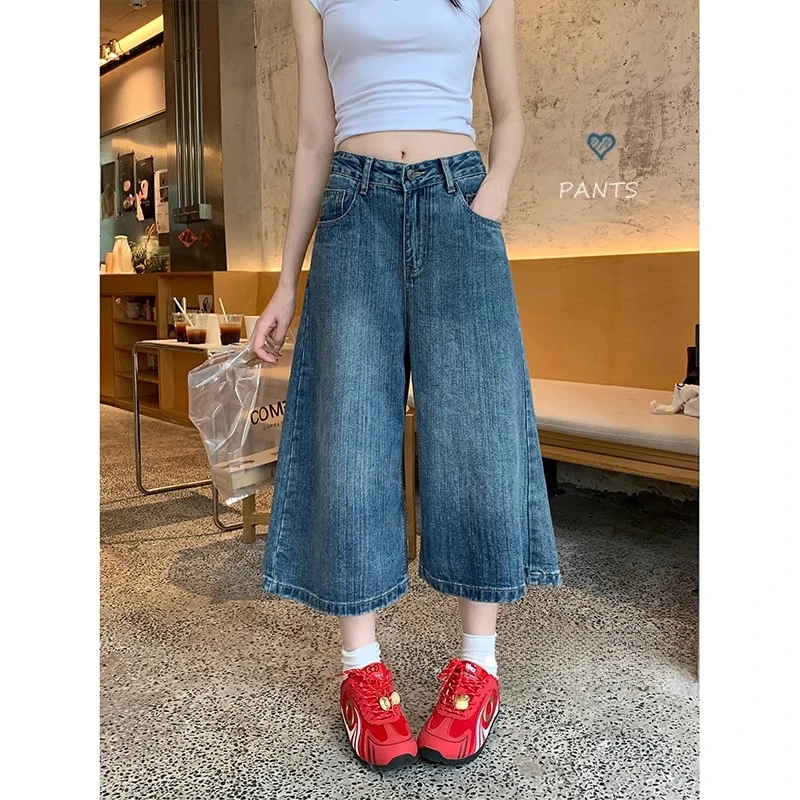 美式复古格子拼接牛仔中裤女夏季高腰宽松显瘦休闲百搭阔腿七分裤