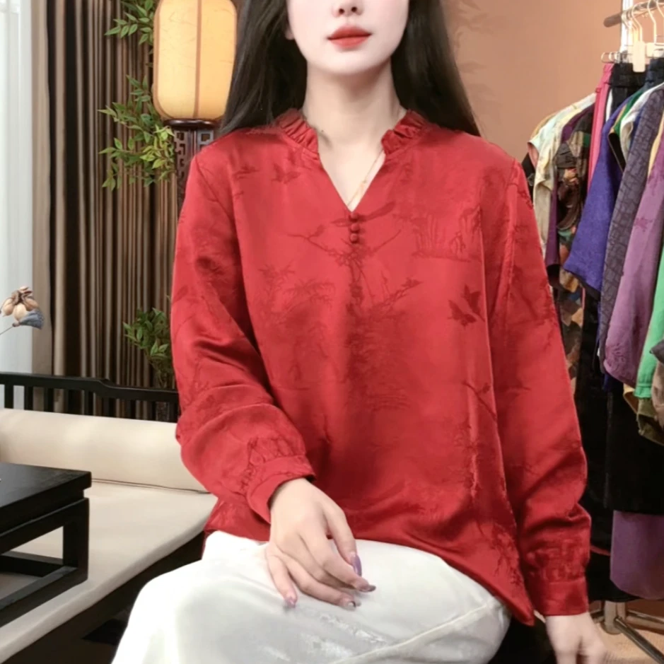 2025秋季新款100%桑蚕丝时尚显瘦上衣百搭国风上衣女S216