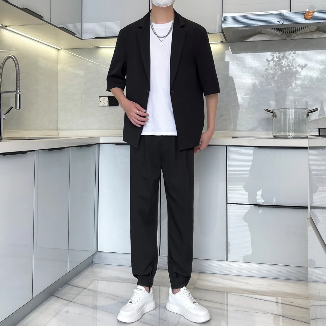 新款韩版休闲夏季新款(五分袖西装)+(魔术贴冰丝裤)两件套