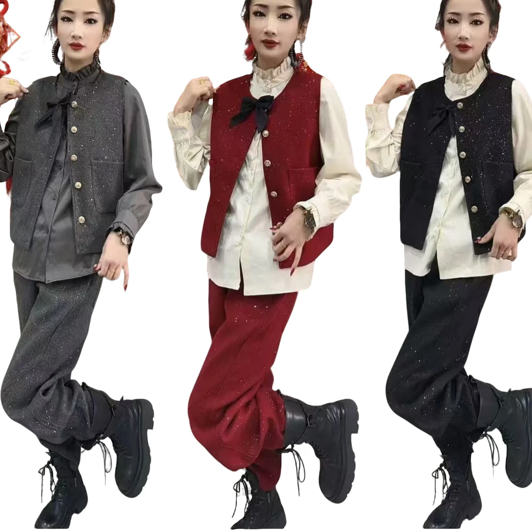 1859新款不加绒星空尼三件套马甲+衫+裤子气质显瘦时尚