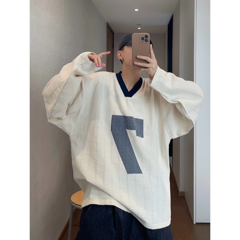 美式300斤超大码撞色V领长袖T恤初秋男女洋气痞帅泡泡纱运动上衣