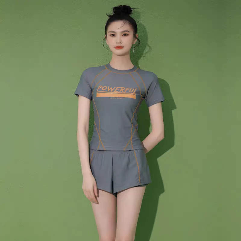 锦纶双层平角分体泳衣时尚灰运动短袖帅气活泼显身材女士游泳衣