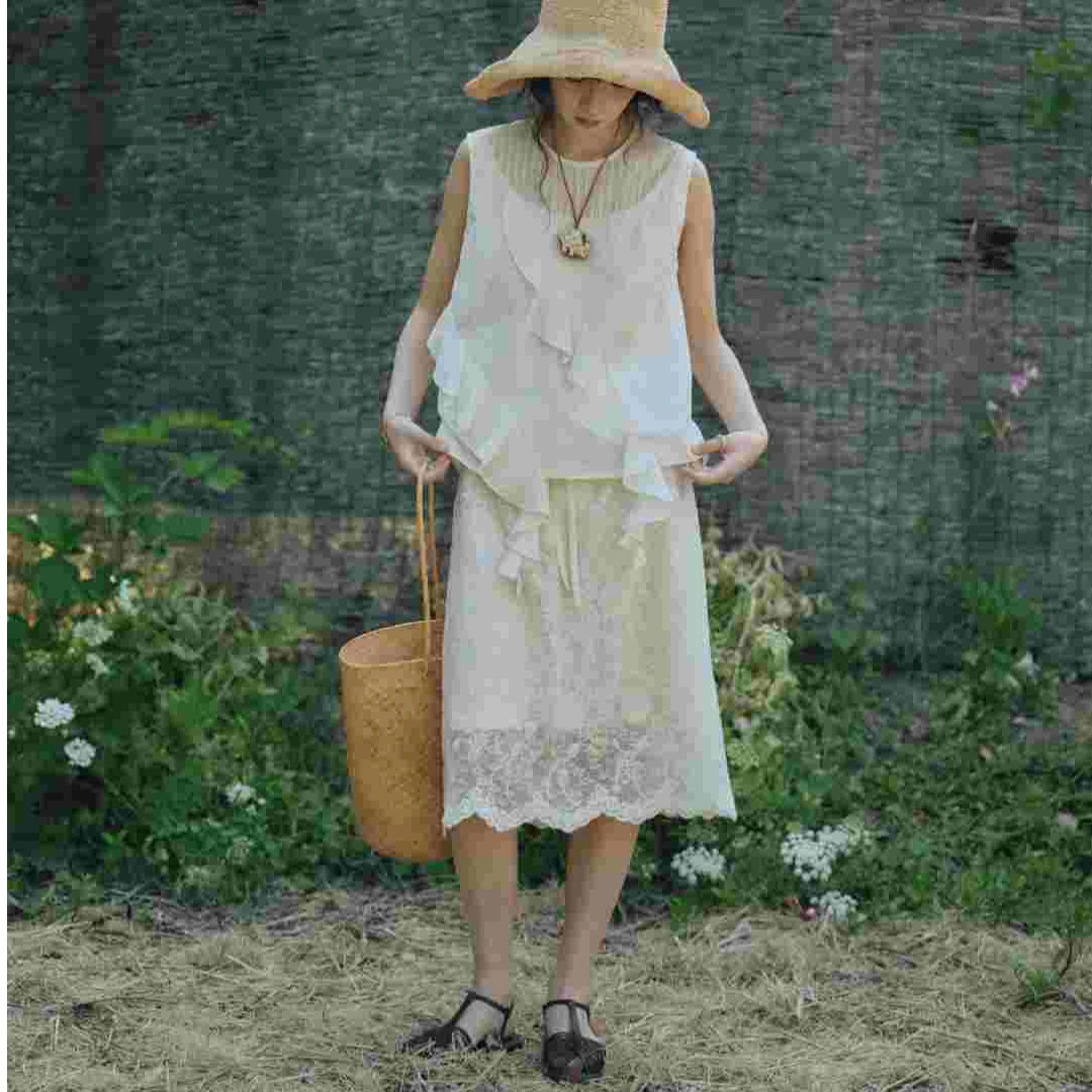 「白描工作间」"随光逐影"法式蕾丝拼接优雅抽绳薄款a字半身裙女