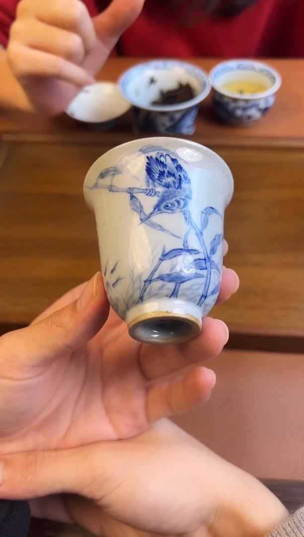 问青坊纯手工手绘青花陶泥单翠柴窑闻香杯