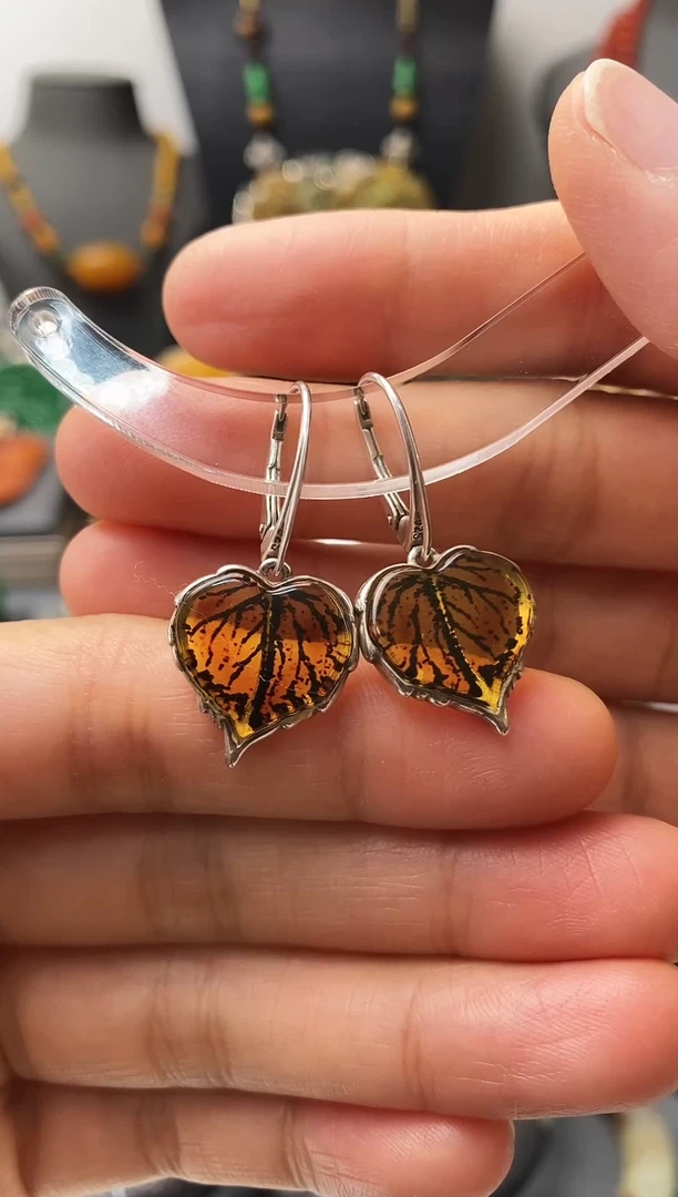 琥珀银S925镶嵌耳饰琥珀蜜蜡设计师耳饰