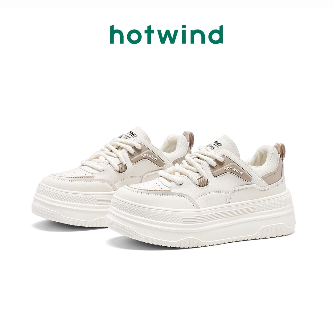 Hotwind/热风百搭ins小众休闲鞋厚底2025春季圆头系带时尚板鞋