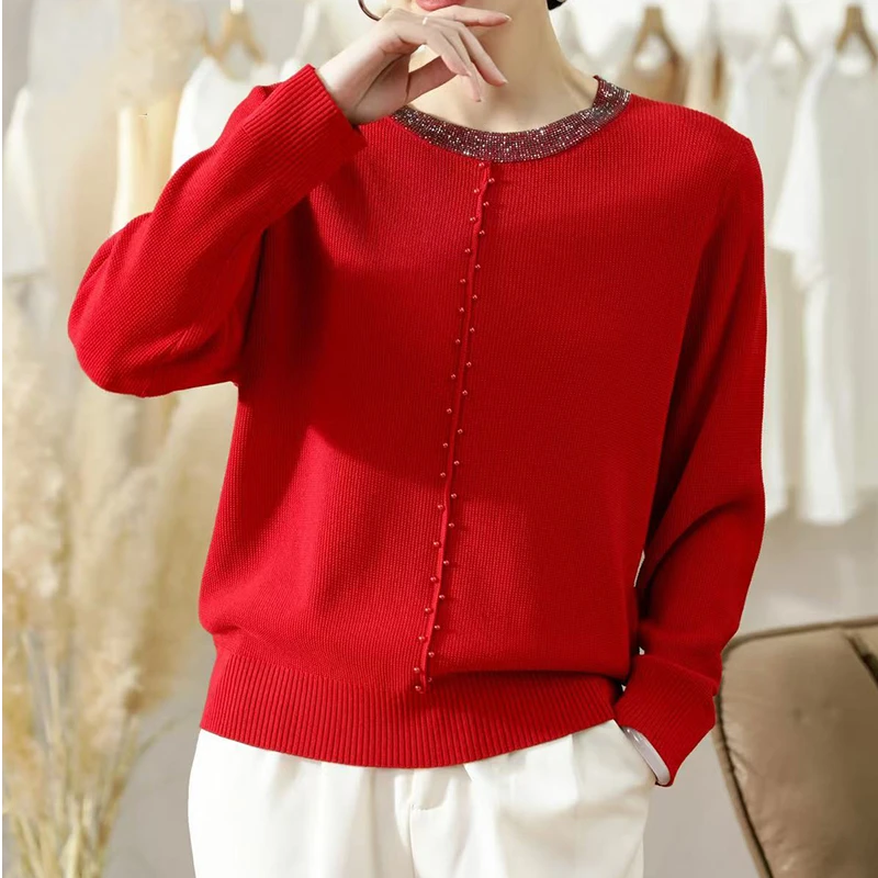 妈妈长袖百搭纯色女时尚银边圆领竖排钉珠针织上衣显瘦套头打底衫