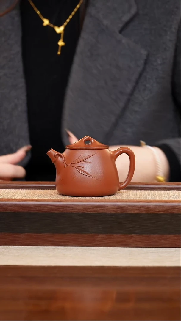 不*命朱泥贴竹高瓢160cc宜兴手工紫砂壶