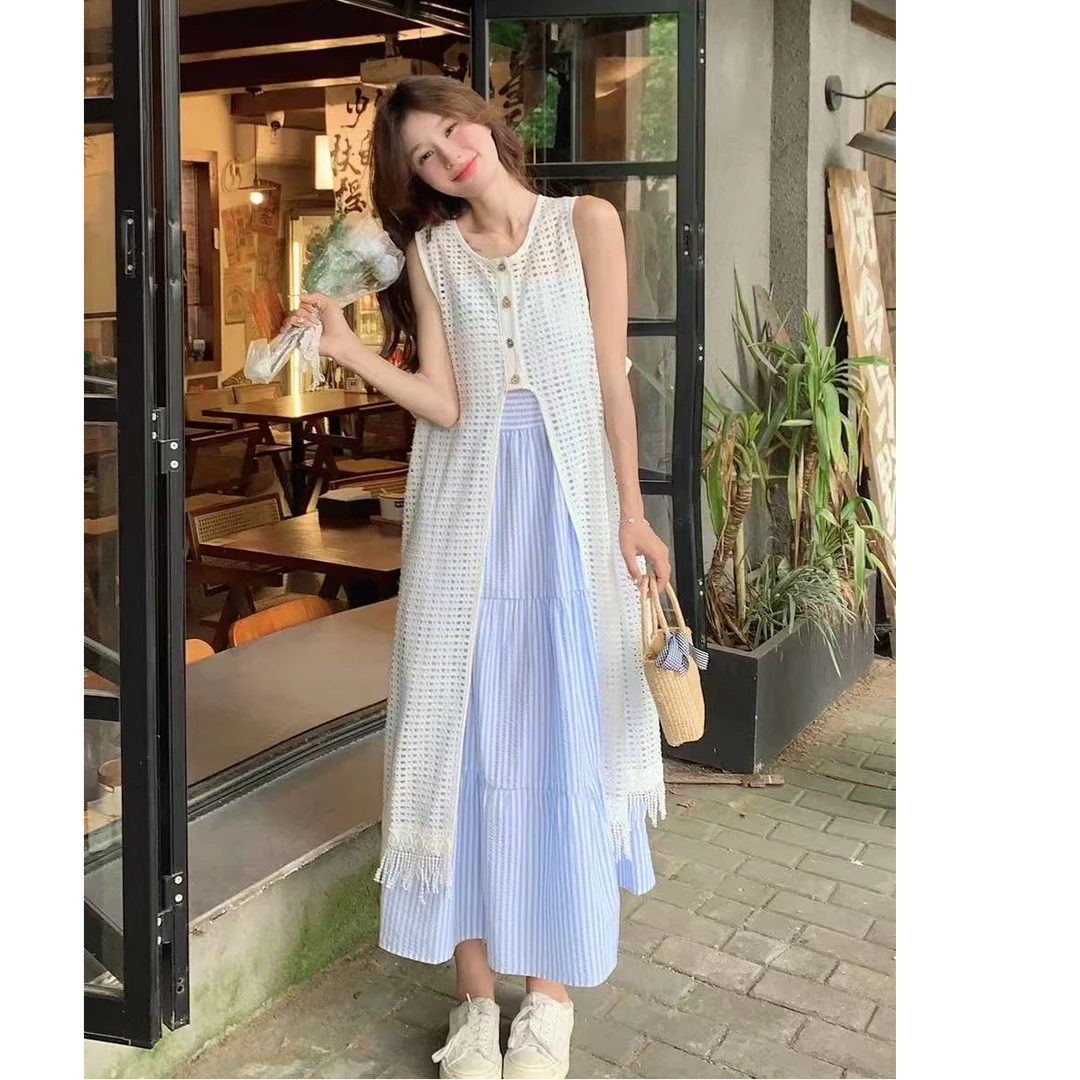 法式蓝色针织衫搭配吊带连衣裙子女新款海边度假叠穿罩衫长裙毛衫