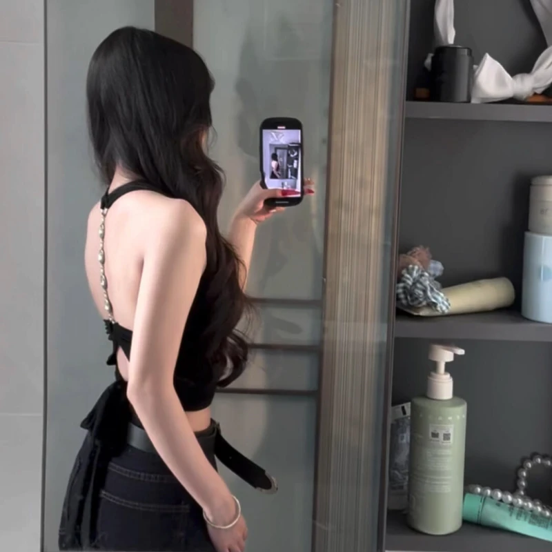 夏季新款网红爆款修身美背绑带设计感外穿背心女辣妹挂脖上衣