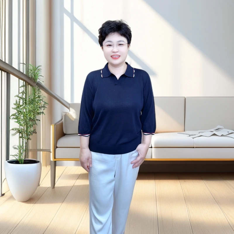 【清爽透气七分袖】秋款针织时尚(25203)显瘦气质百搭翻领简约纯色