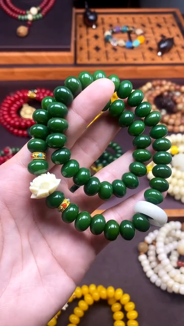 手串白玉菩提翠微 绿菩提双圈手串带莲花