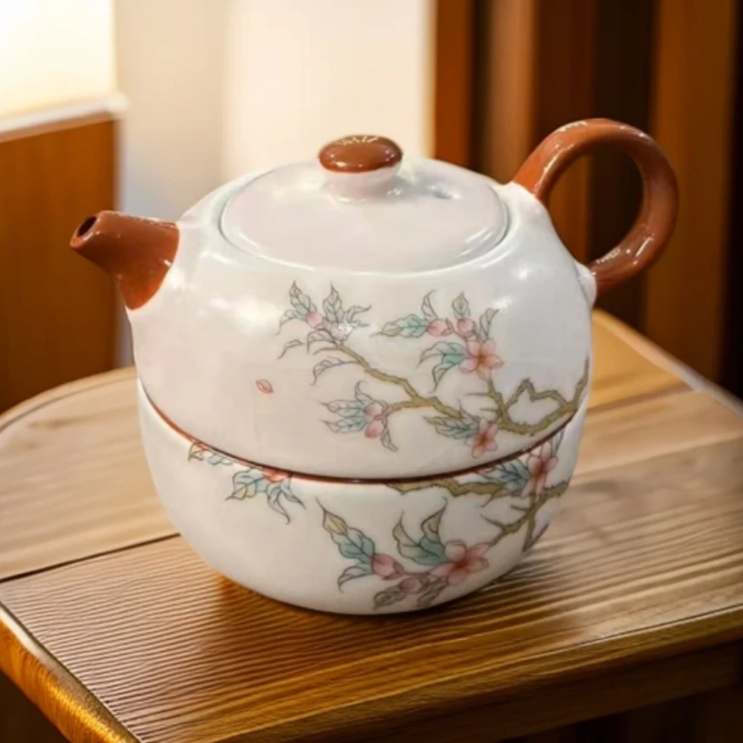 粉色汝窑紫藤花旅行茶具户外露营便携陶瓷一壶一杯个人泡k0082