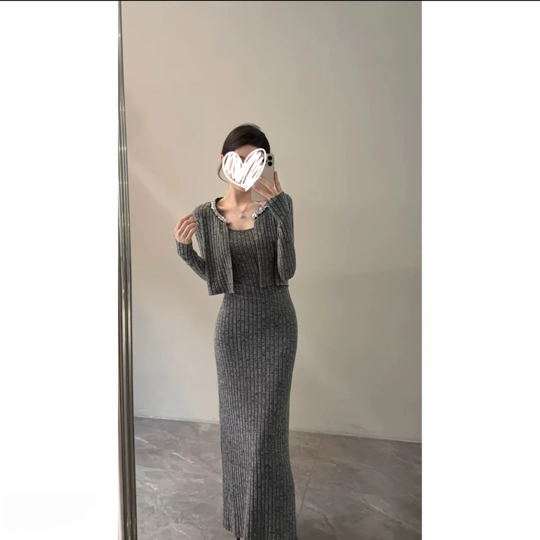 通勤时尚套装裙子名媛风秋季针织显瘦中长款休闲风