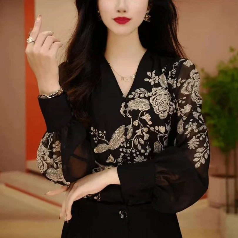 春秋新款印花琉璃双绉丝百搭设计感V领时尚洋气显瘦减龄长袖上衣
