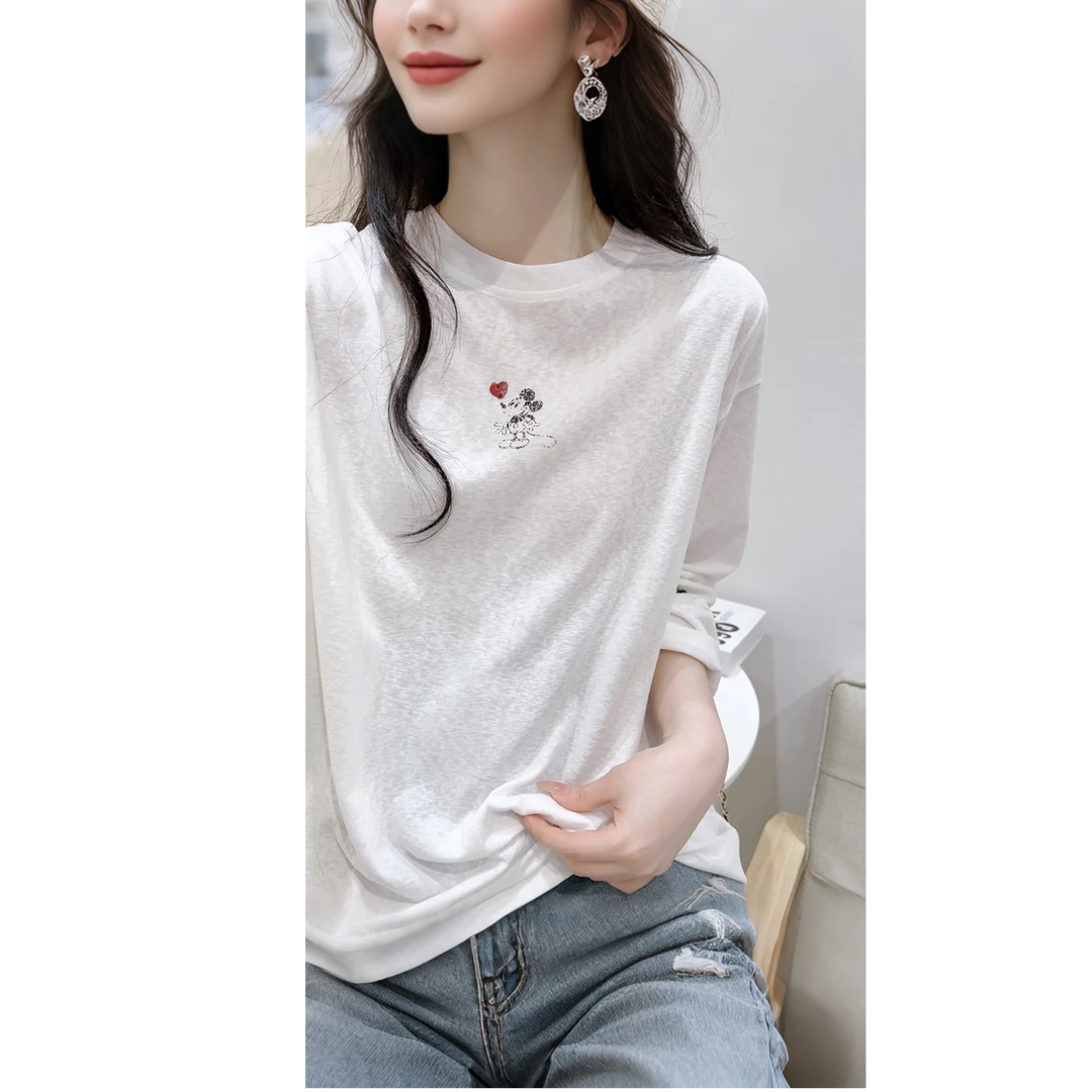 韩国氧气感印花长袖内搭宽松T恤衫女春秋冬雪花棉圆领打底衫上衣