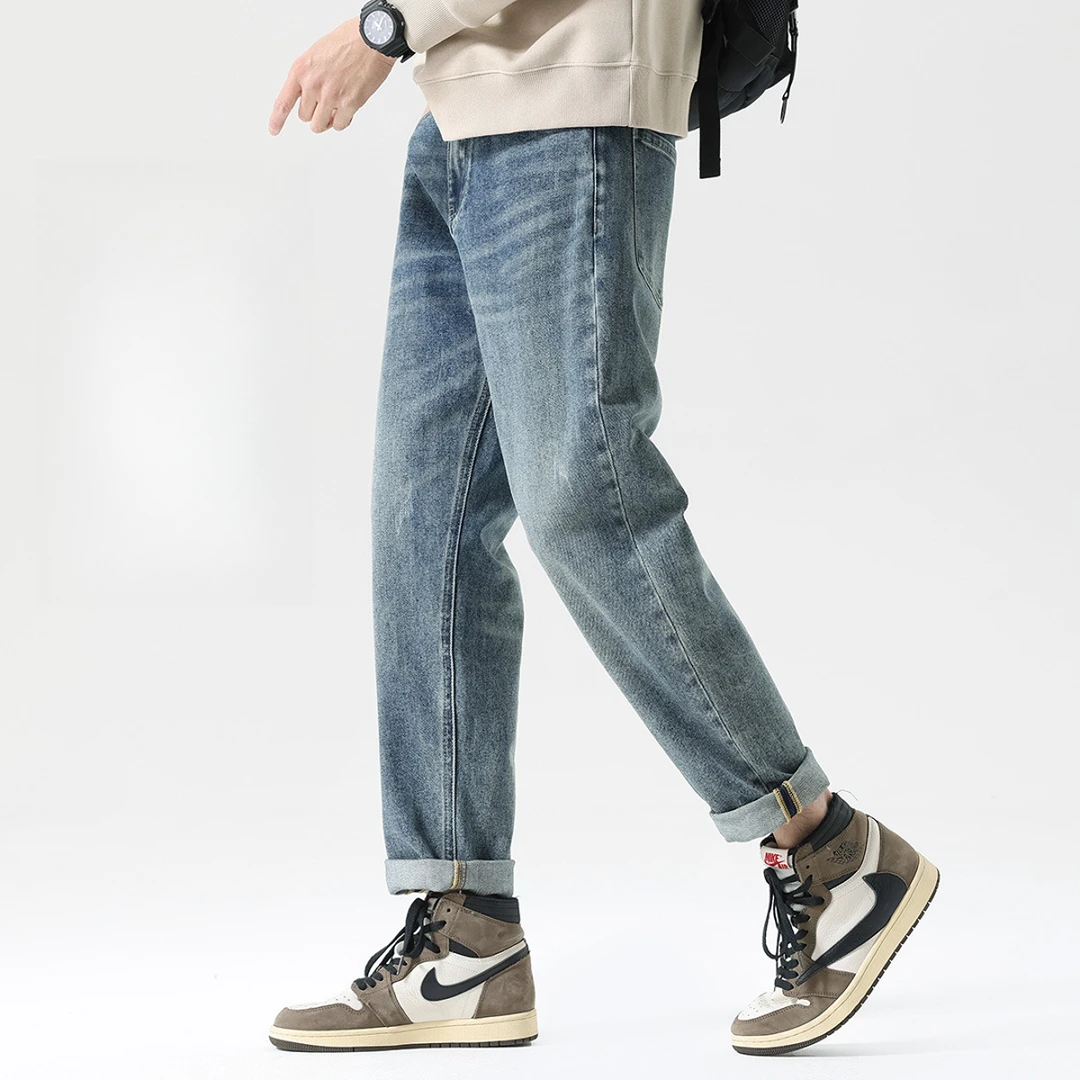 潮牌炒砂洗丹宁秋季牛仔裤子男款宽松直筒潮流休闲长裤