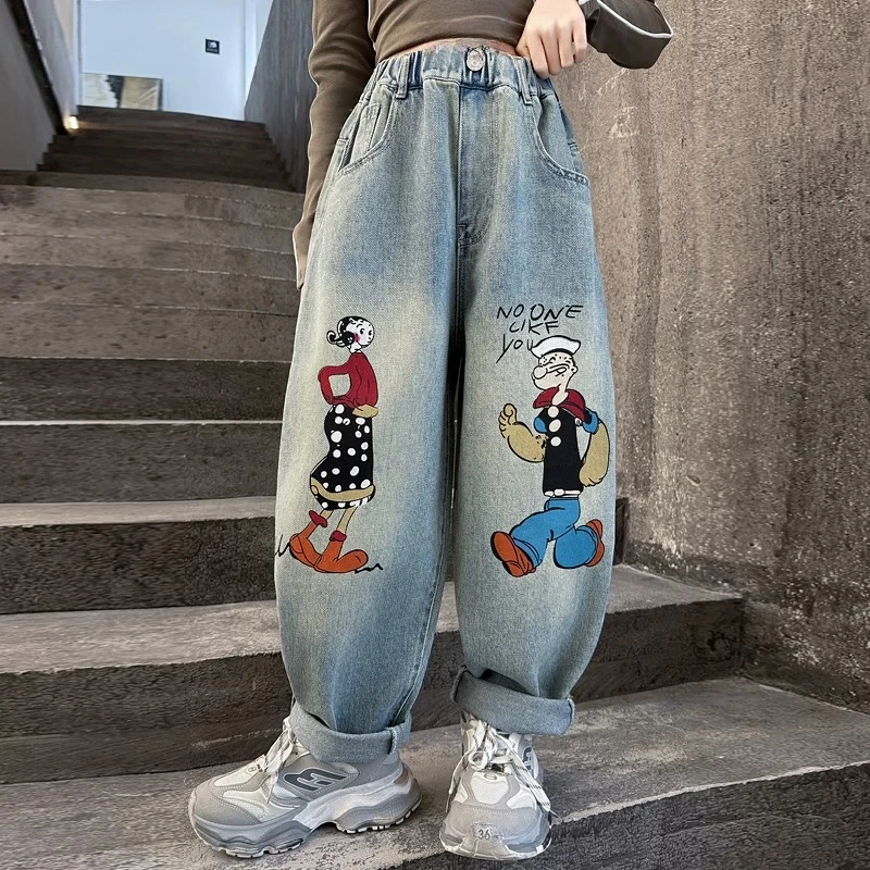 男女童牛仔裤2025春装新款宽松中大童涂鸦卡通老爹裤儿童韩版长裤