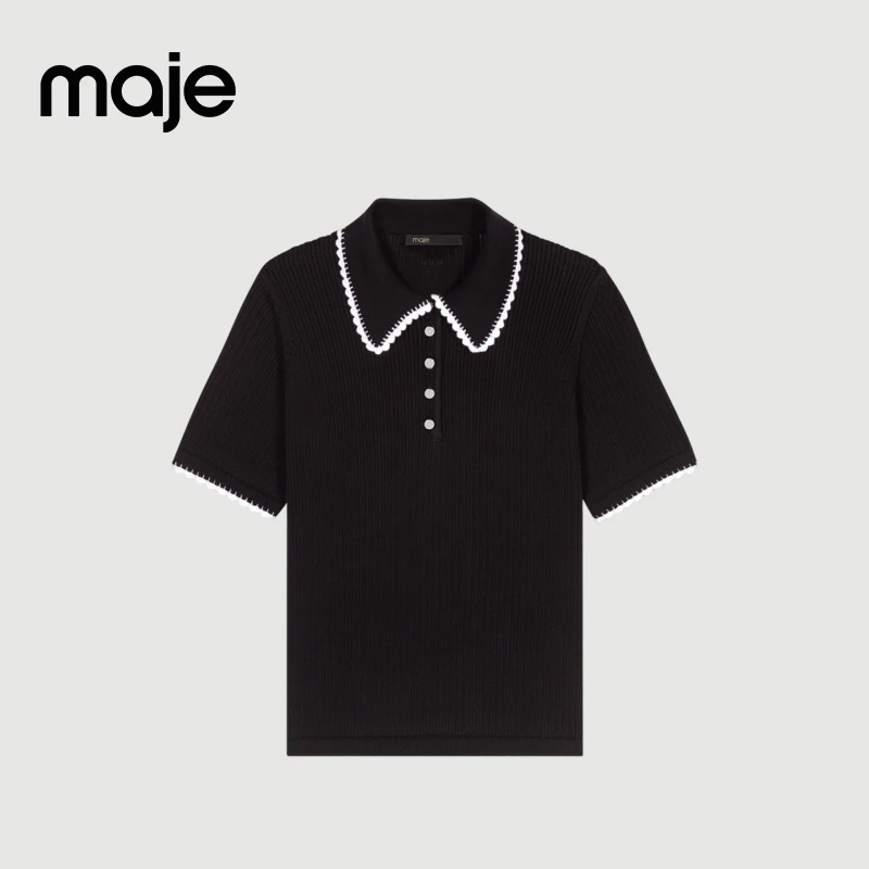 暖系穿搭|Maje新款女装黑白撞色花边领短袖针织上衣MFPPU00797