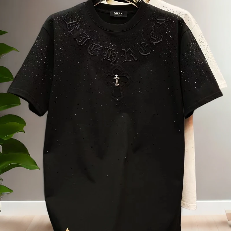 夏季新款镶钻烫钻刺绣短袖男士轻奢百搭痞帅重工艺圆领半袖T恤