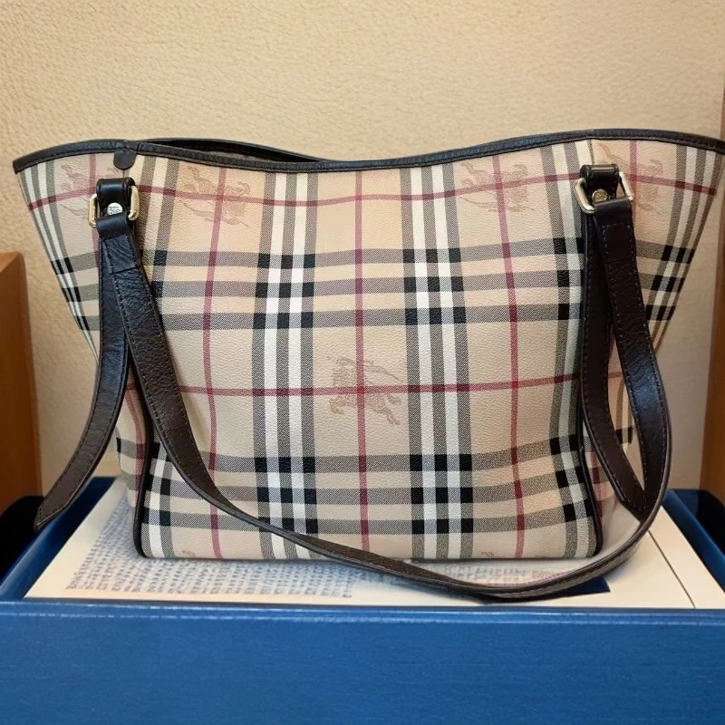 95新 BURBERRY/博柏利   战马格纹拼棕皮托特包 1482 4154