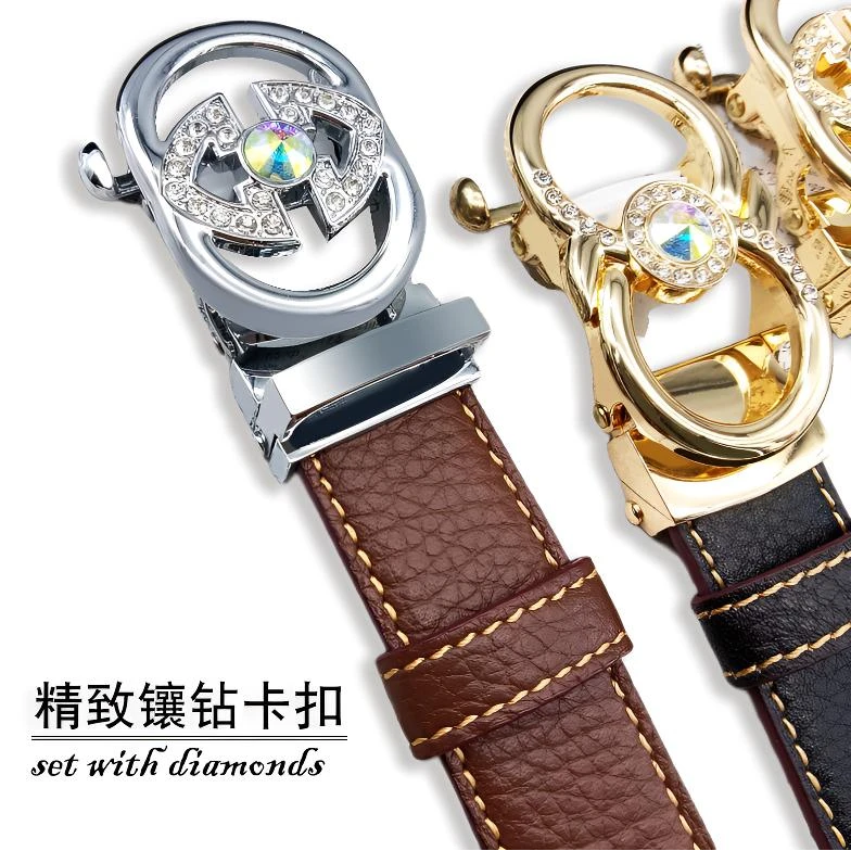 VigorElf女士可调节腰带头层牛皮自动扣百搭精致镀金色镶钻真皮带