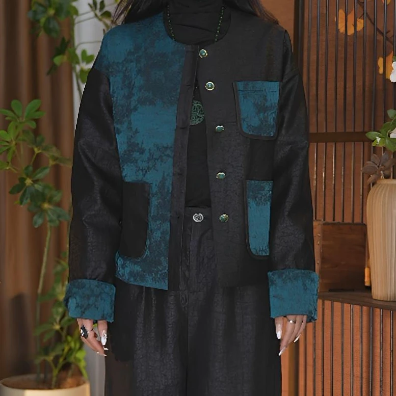 2025春季新款桑蚕丝黑龟油丝拼接香云纱上衣女外套开衫女外套933