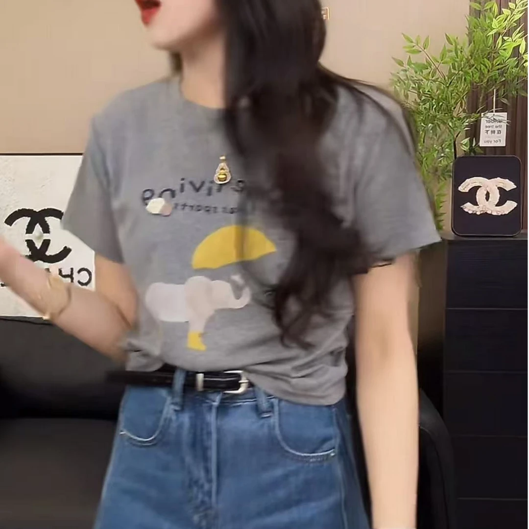 韩版时尚百搭圆领显瘦短袖女2025夏季新款重工设计感休闲T恤上衣