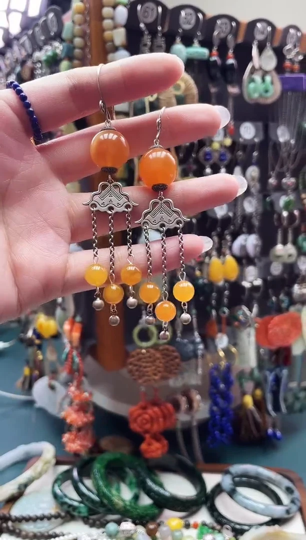 蜜蜡银S925镶嵌耳饰勿**J饰品