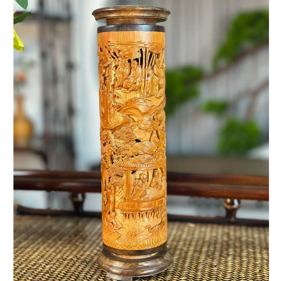 手工竹雕兰亭雅集香筒