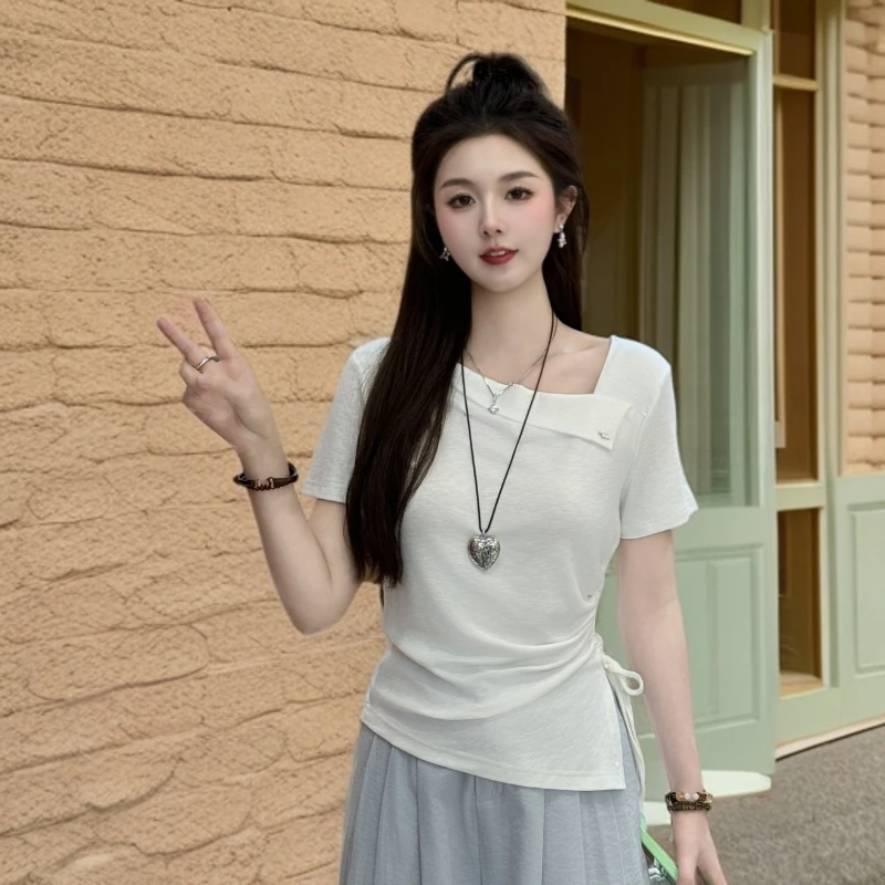 宿慕SUMU设计感短袖T恤小众女装2025新款夏季抽绳上衣洋气衣服