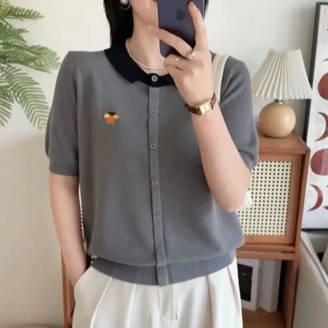 100#夏季短袖针织衫显瘦时尚百搭方领8740