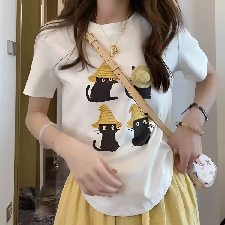 卡通趣味猫咪立体草帽短袖T恤女2025夏季新款减龄百搭宽松上衣潮