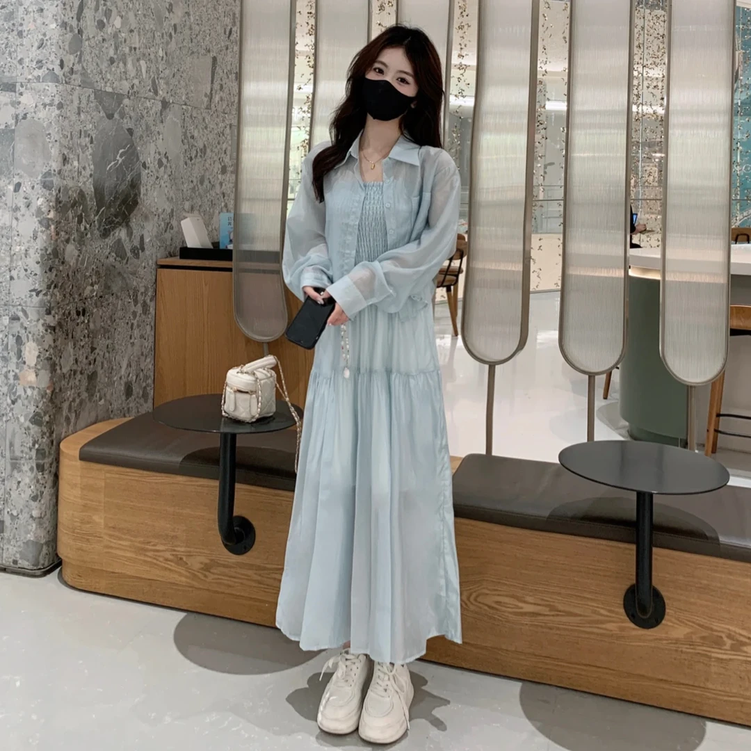 今年流行的夏装套装2025新款慵懒度假风防晒衬衫吊带连衣裙两件套