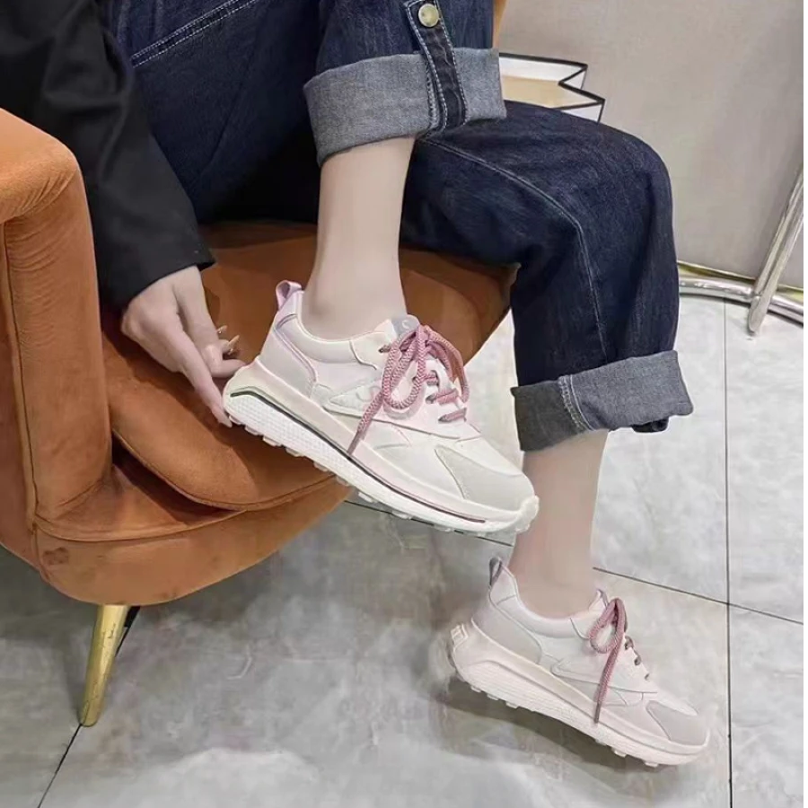 C2654  米粉色  时尚厚底圆头系带休闲运动鞋女阿甘鞋