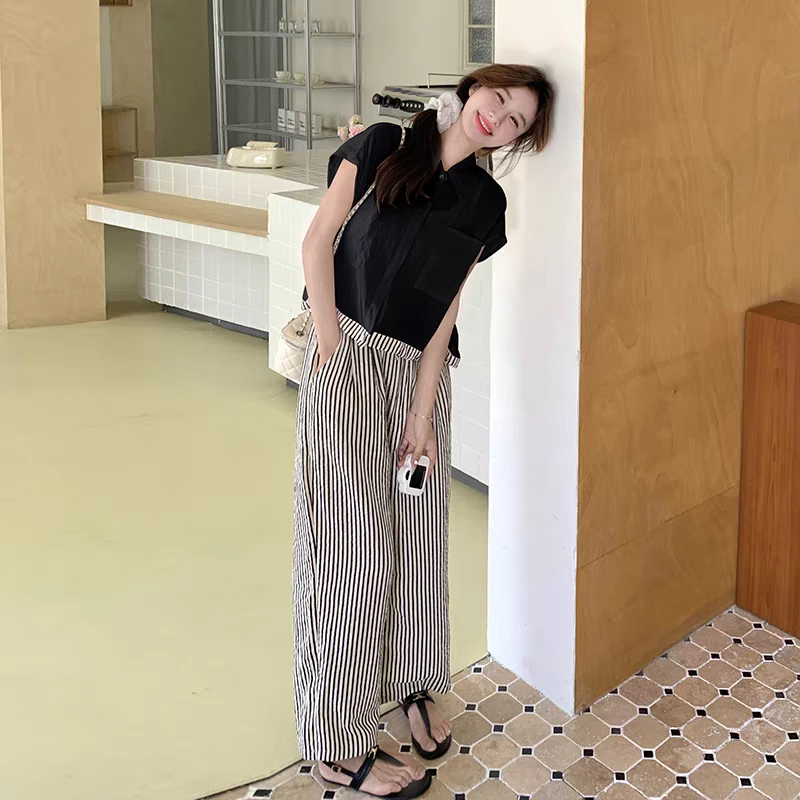 夏季新款拼色竖条纹短袖衬衫阔腿裤女高腰洋气显瘦韩版气质套装