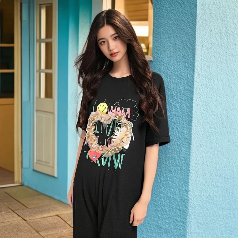 中长款短袖T恤女宽松遮臀短袖中长款国风印花女T恤休闲印花摩斯风