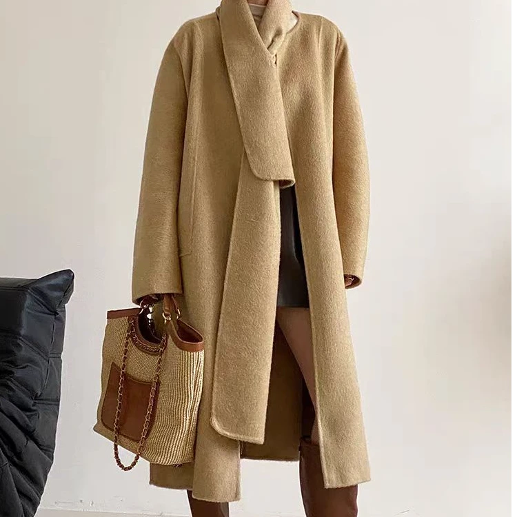 【锦衣服饰 无围巾】凯031长款骆驼绒桑蚕丝绵羊毛双面围脖款大衣