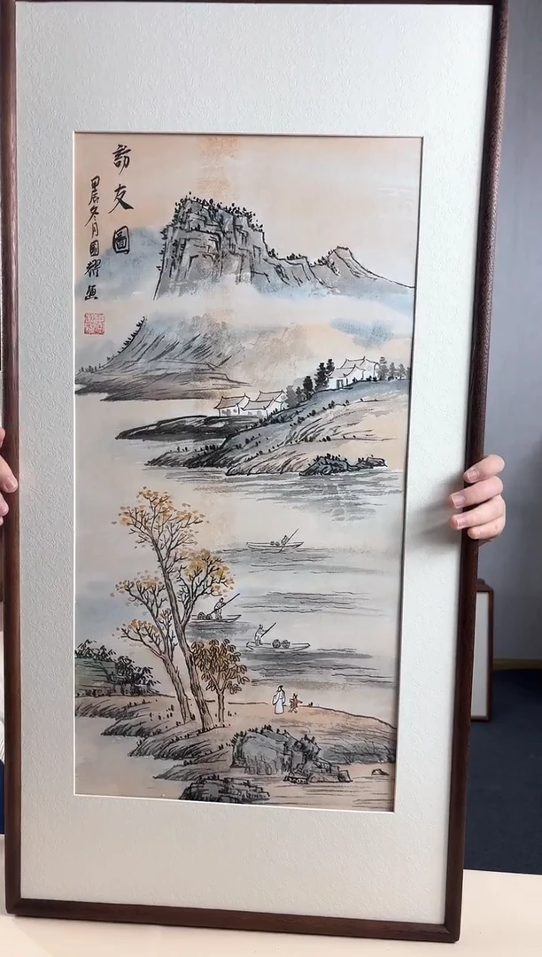 【闪购商品】国画手绘*访友图*47*92cm实木框