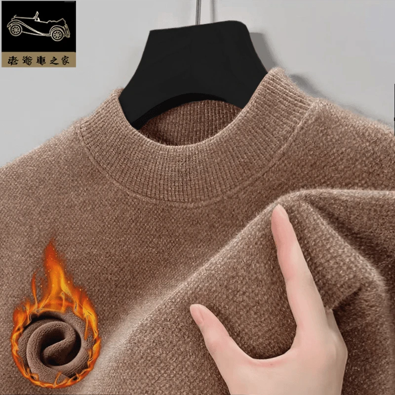 （一体绒）老爷车加绒加厚男士毛衣保暖套头纯色宽松针织打底