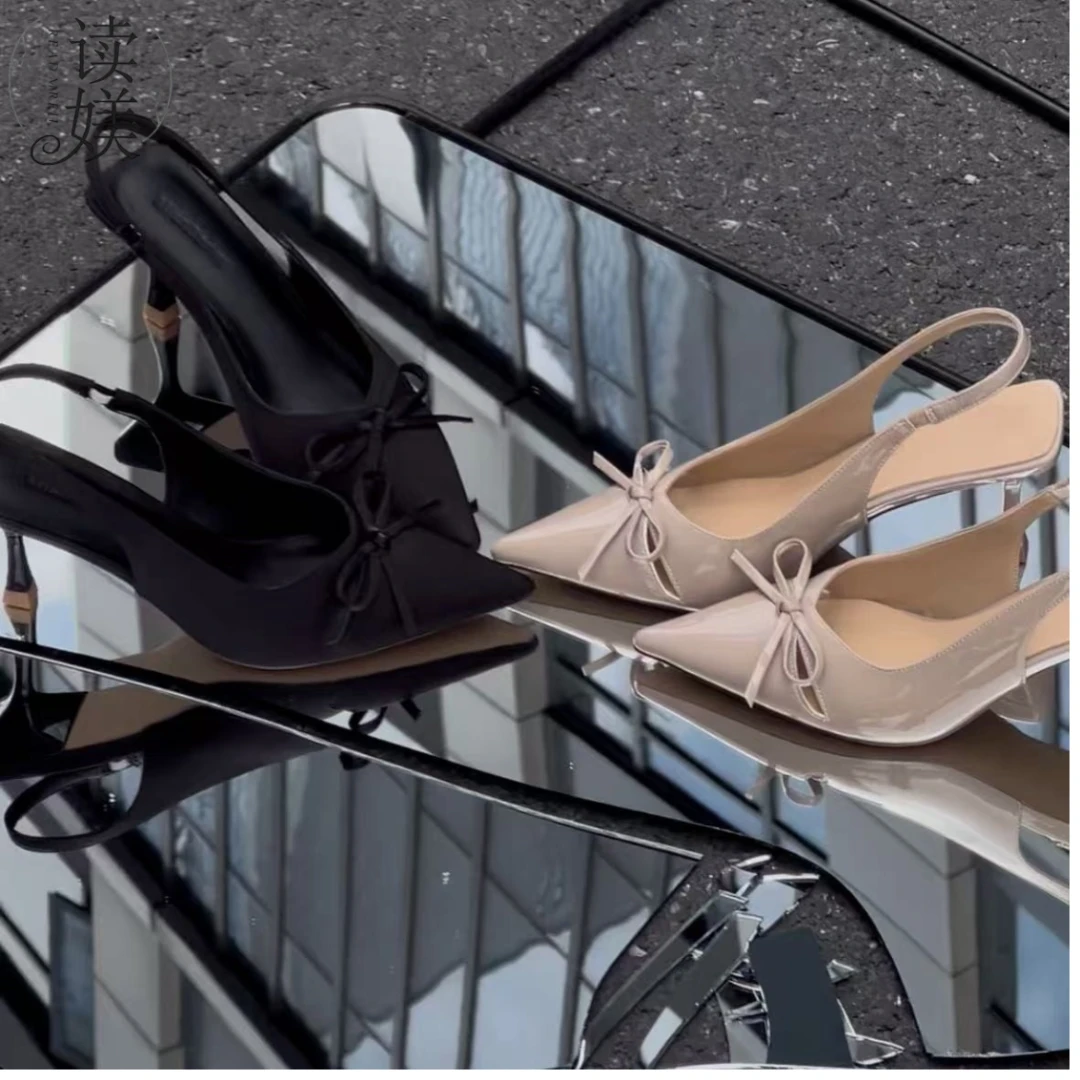 *5.5cm裸色尖头蝴蝶结浅口高跟鞋春舒适百搭后空凉鞋女95007