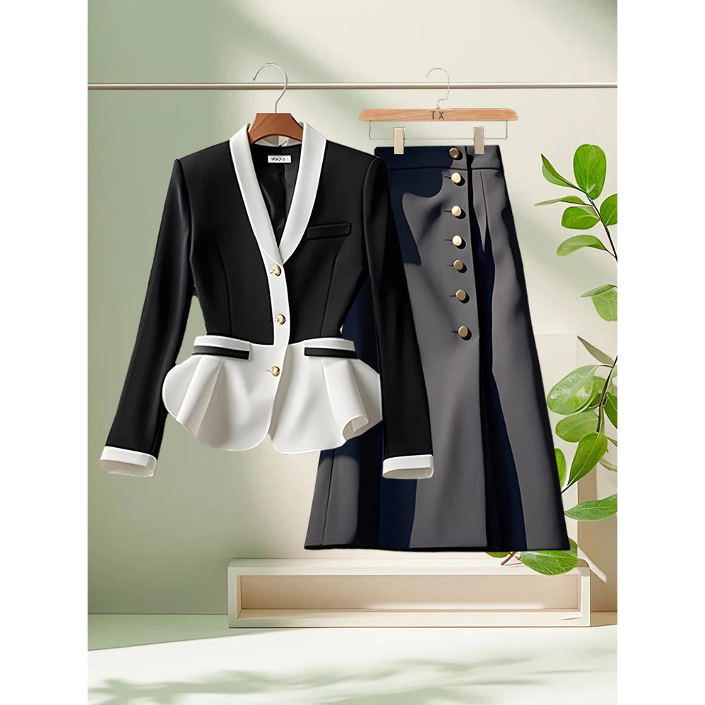 开春新款独特法式高级感显瘦收腰黑白拼接外套黑色半身裙两件套女