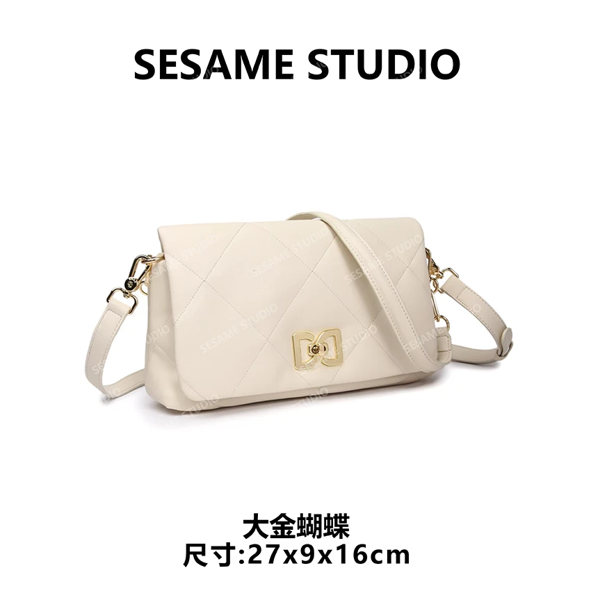 芝麻集】【金蝴蝶】BF-68369-米白斜跨轻奢女包